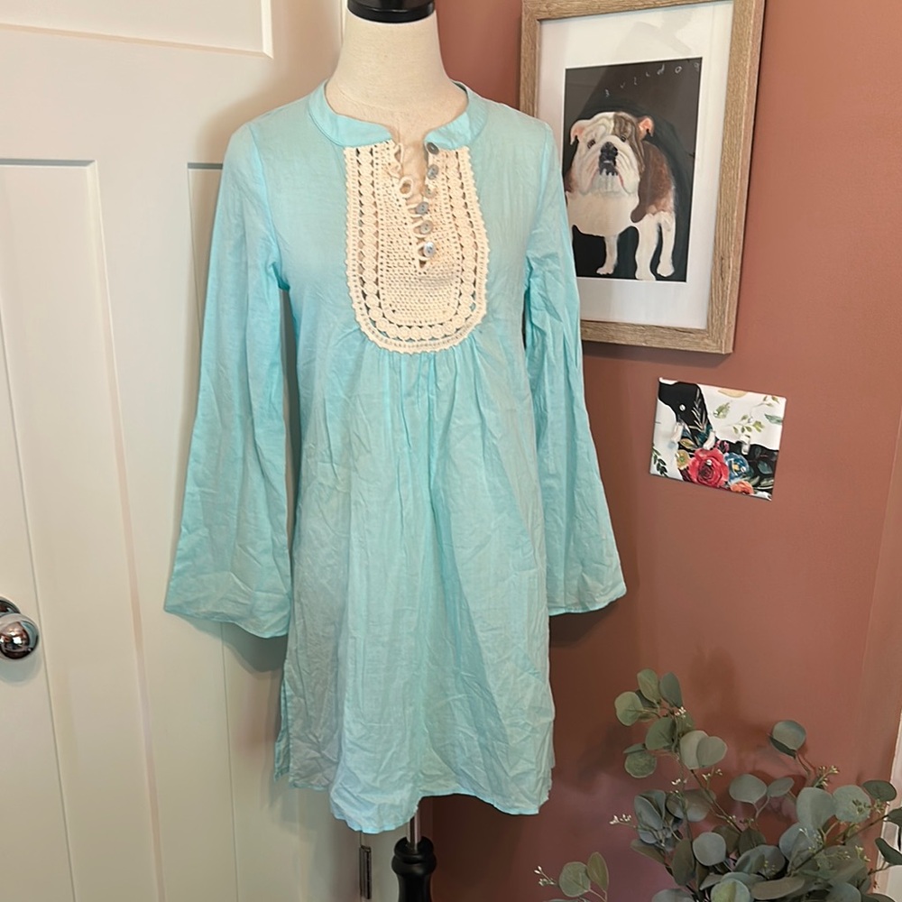 Woo. (the house of woo) Made in California XS bell sleeve teal crochet tunic